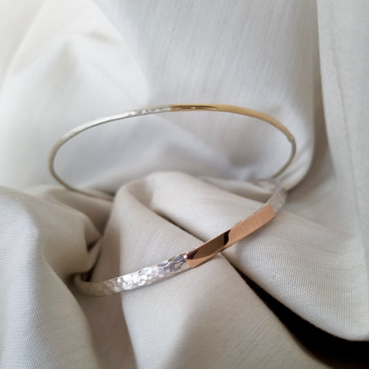 Inch of strength - silver hammered bangle with an inch of gold