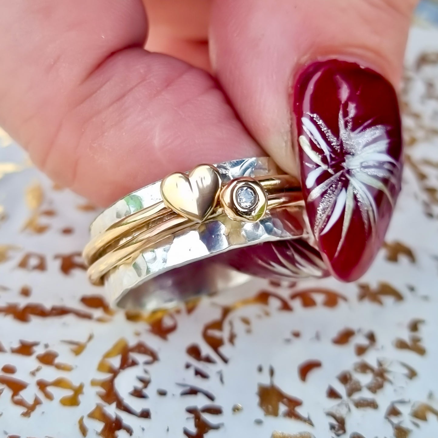 'Eternal love'. Solid silver ring set with gold heart and diamond.