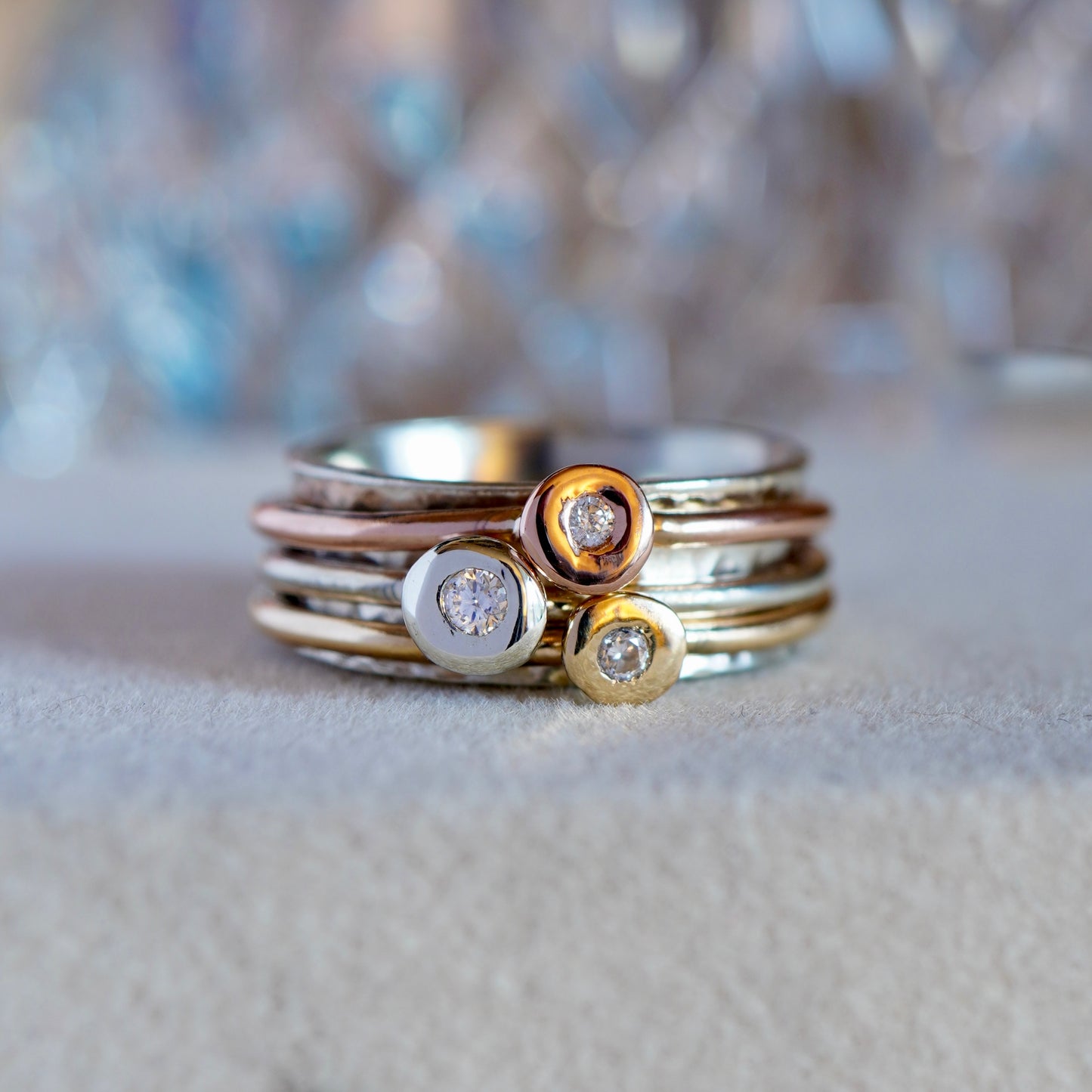 'Scrumdiddlyumptious' - gold rings set with diamonds.