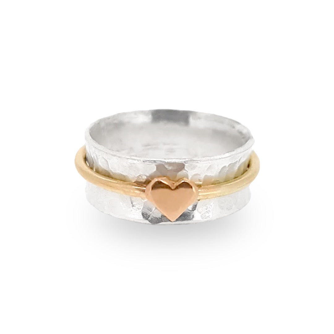 'One Love'. Sterling silver ring with solid gold heart and spinning ring.