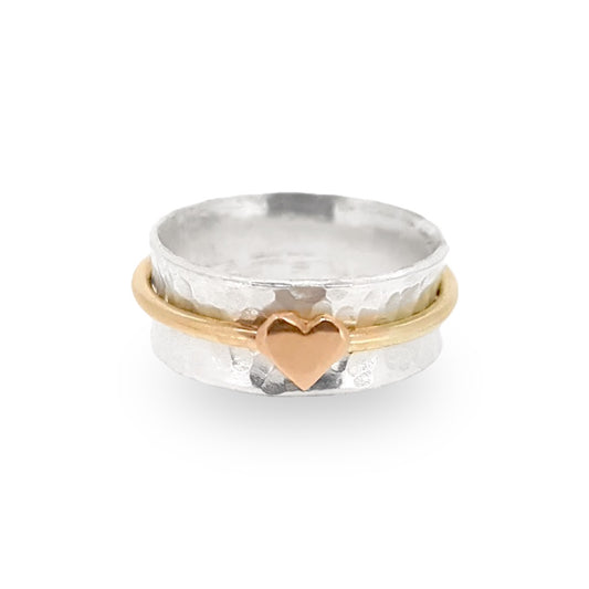'One Love'. Sterling silver ring with solid gold heart and spinning ring.
