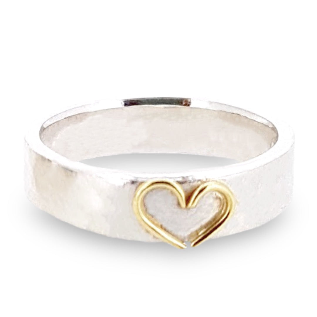 Silver band with 18ct gold open heart. Add a diamond for extra sparkle.