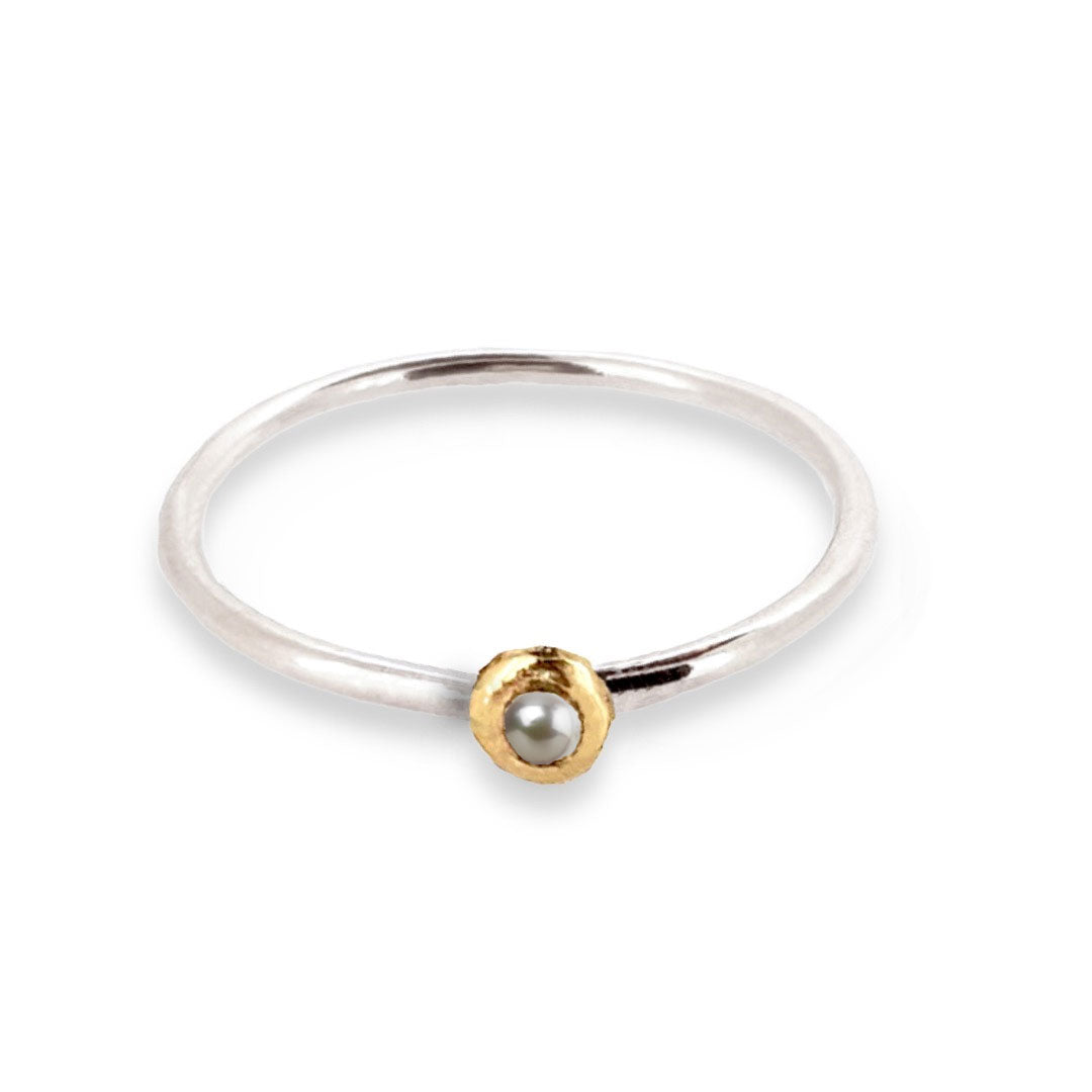 Birthstone ring - silver band with gemstone set in solid gold nugget