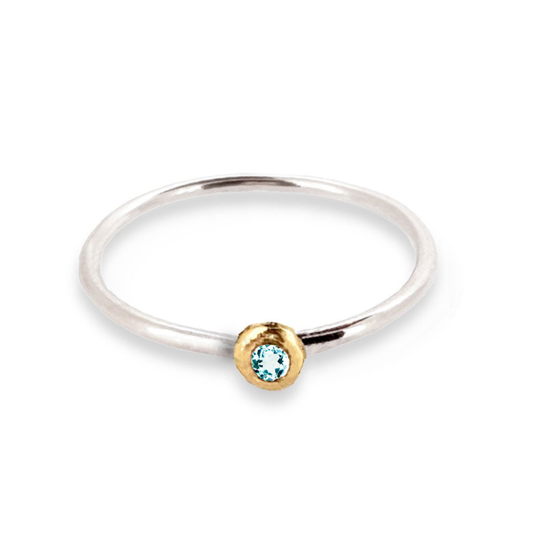 Birthstone ring - silver band with gemstone set in solid gold nugget