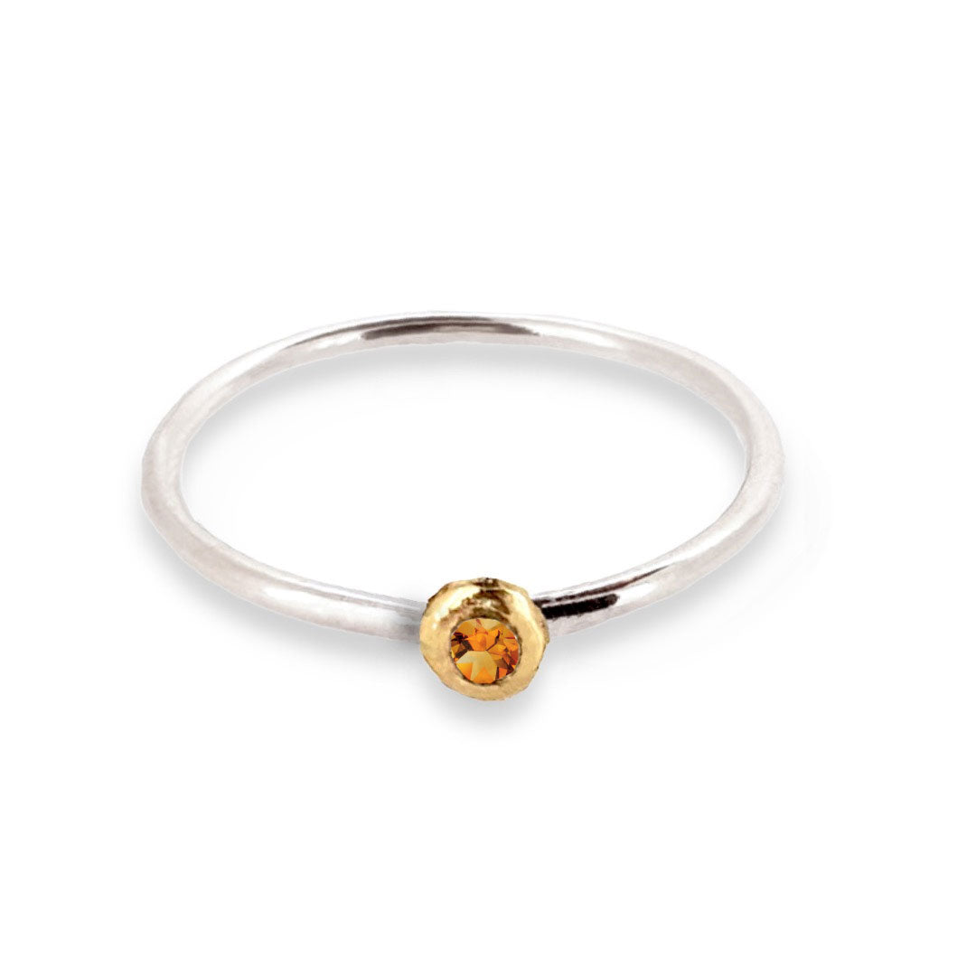 Birthstone ring - silver band with gemstone set in solid gold nugget