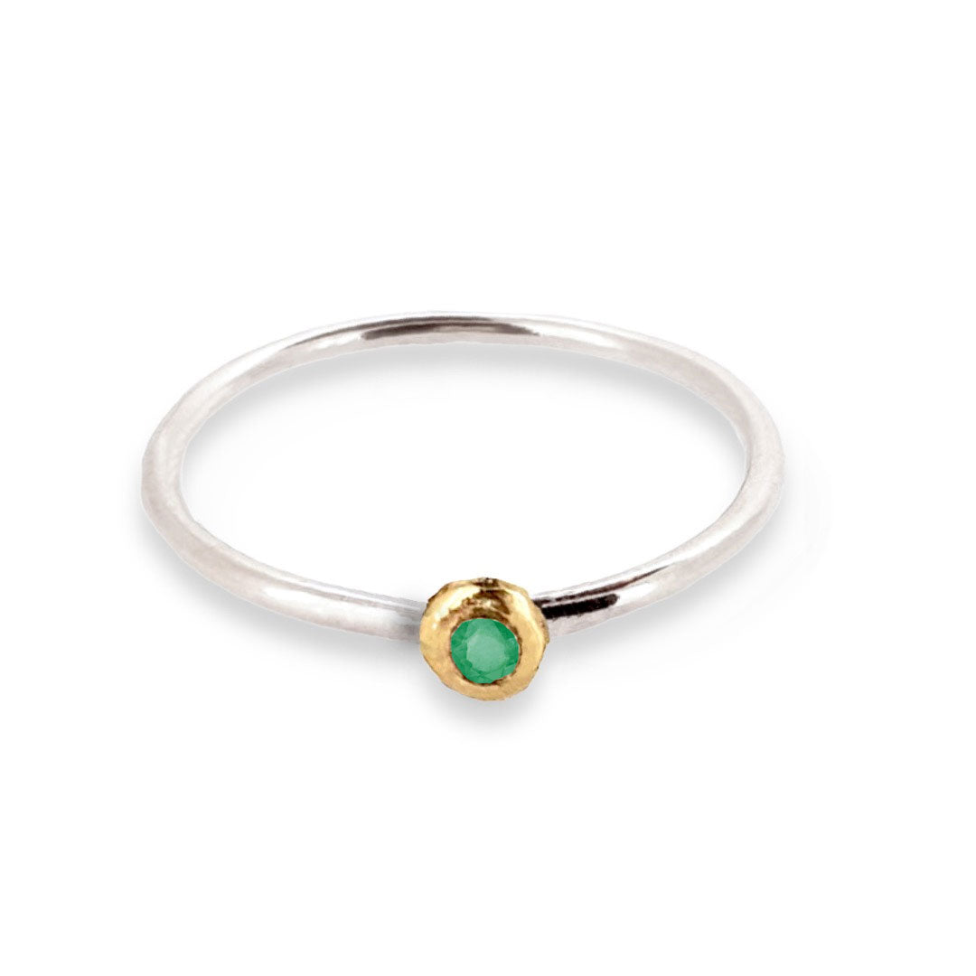Birthstone ring - silver band with gemstone set in solid gold nugget
