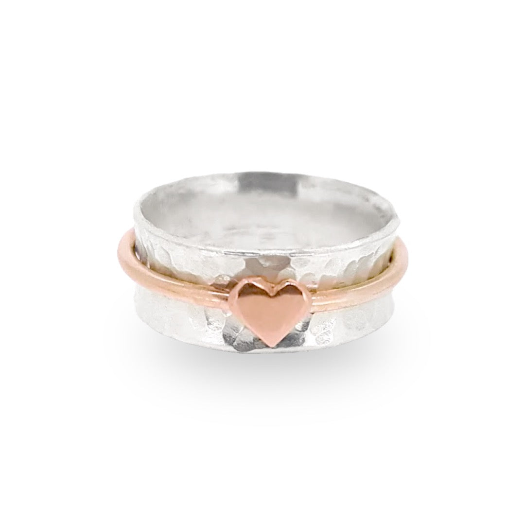 'One Love'. Sterling silver ring with solid gold heart and spinning ring.