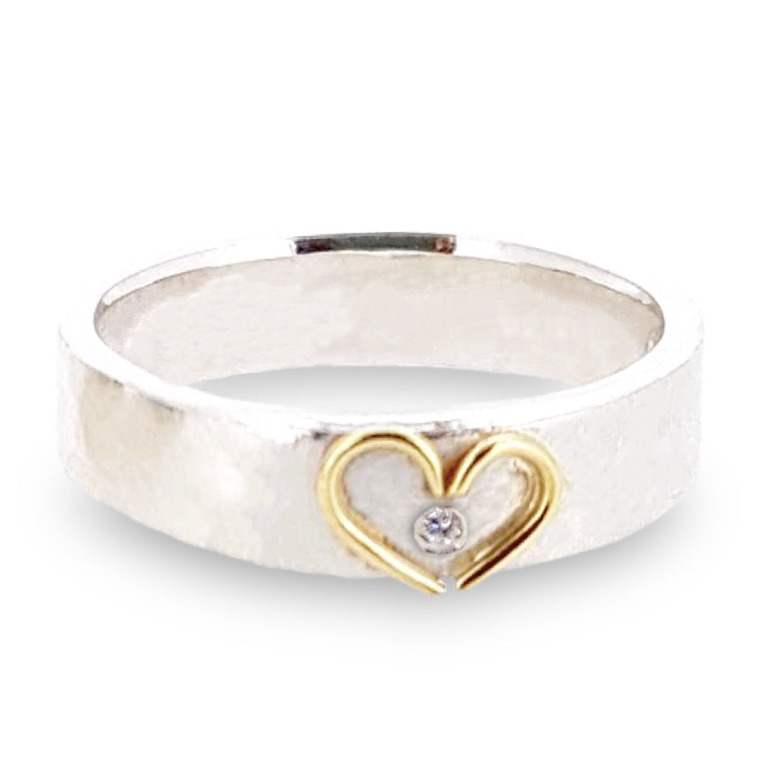 Silver band with 18ct gold open heart. Add a diamond for extra sparkle.