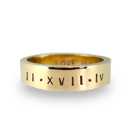 Personalised man's ring with Roman numerals. 9ct solid gold