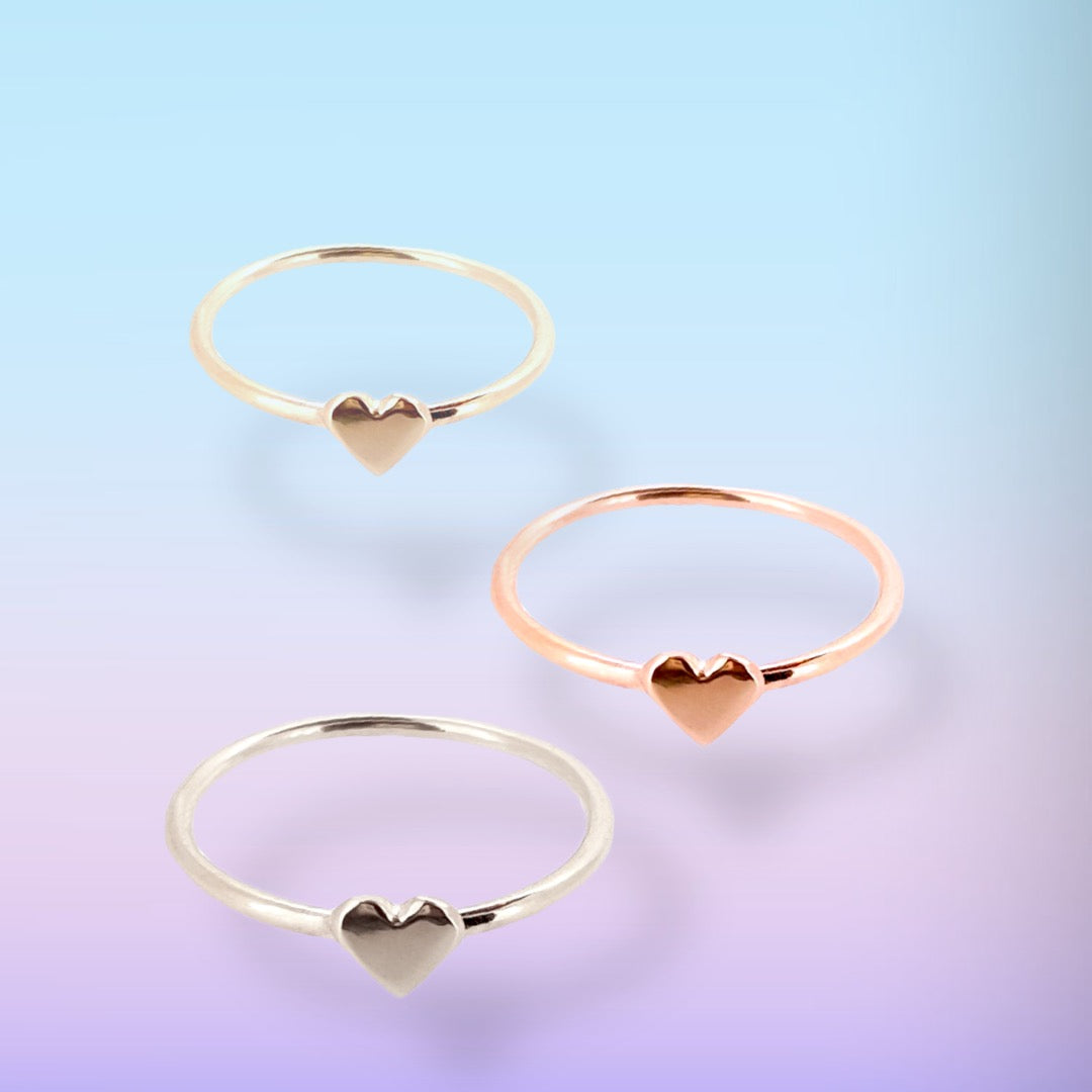 Dainty solid gold sweetheart rings with cute gold hearts