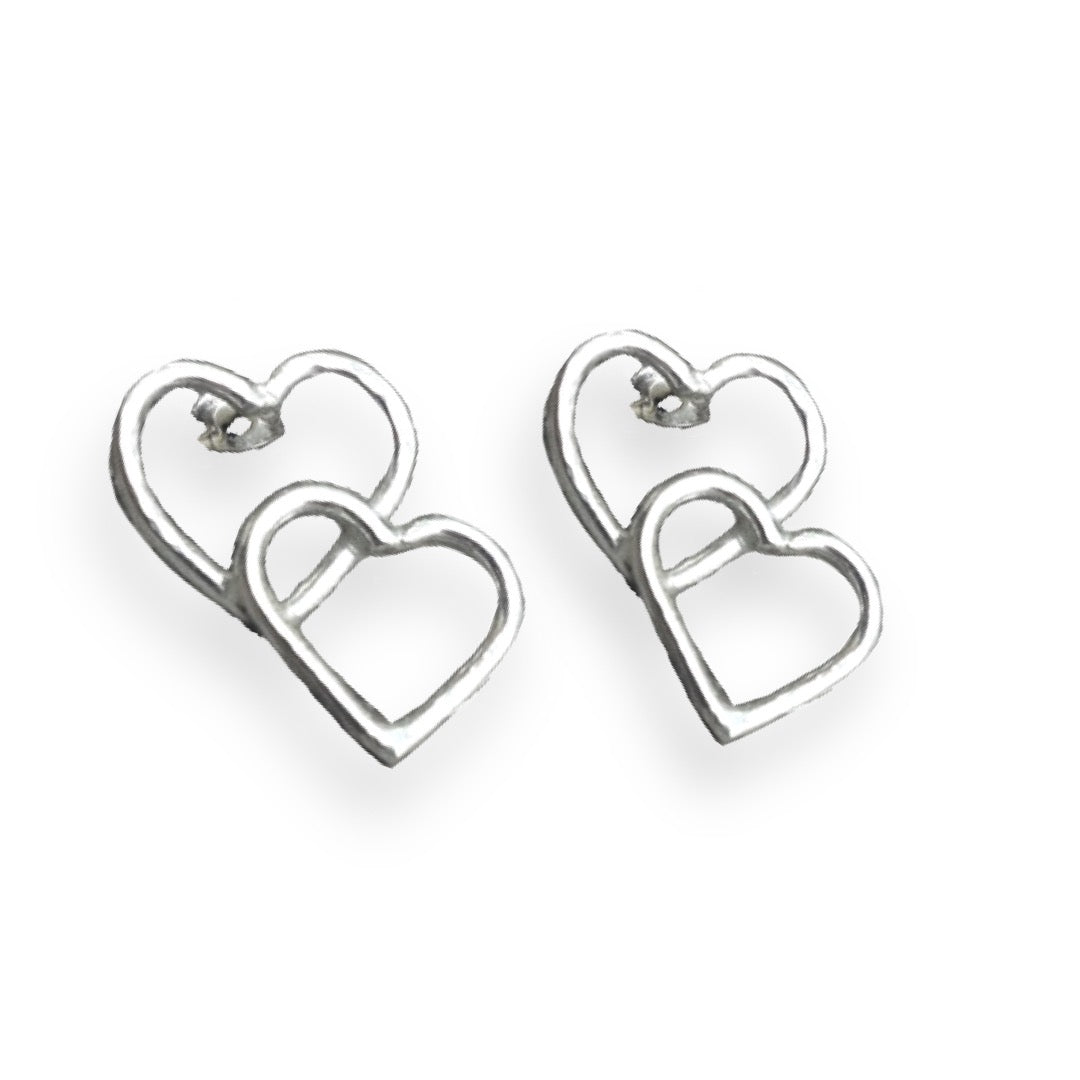 Solid silver double heart stud earrings.
