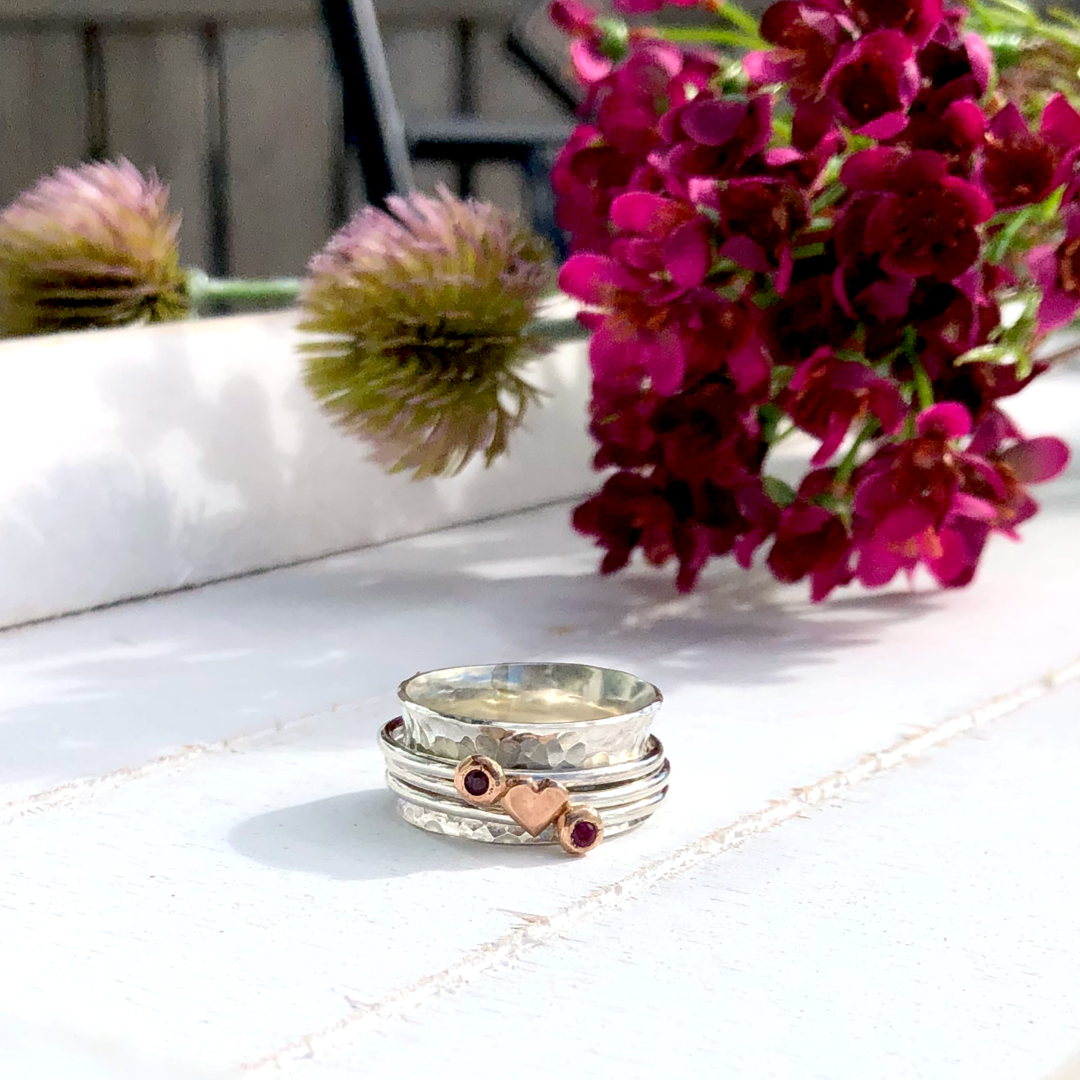 Always In My heart - Solid silver ring set with gold heart and birthstones