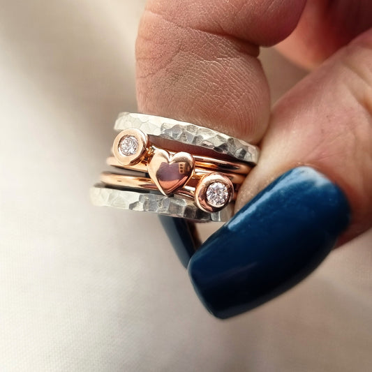 'Eternal Love' stacking set with extra diamond. Gold, silver and two diamond rings