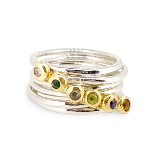 Birthstone ring - silver band with gemstone set in solid gold nugget