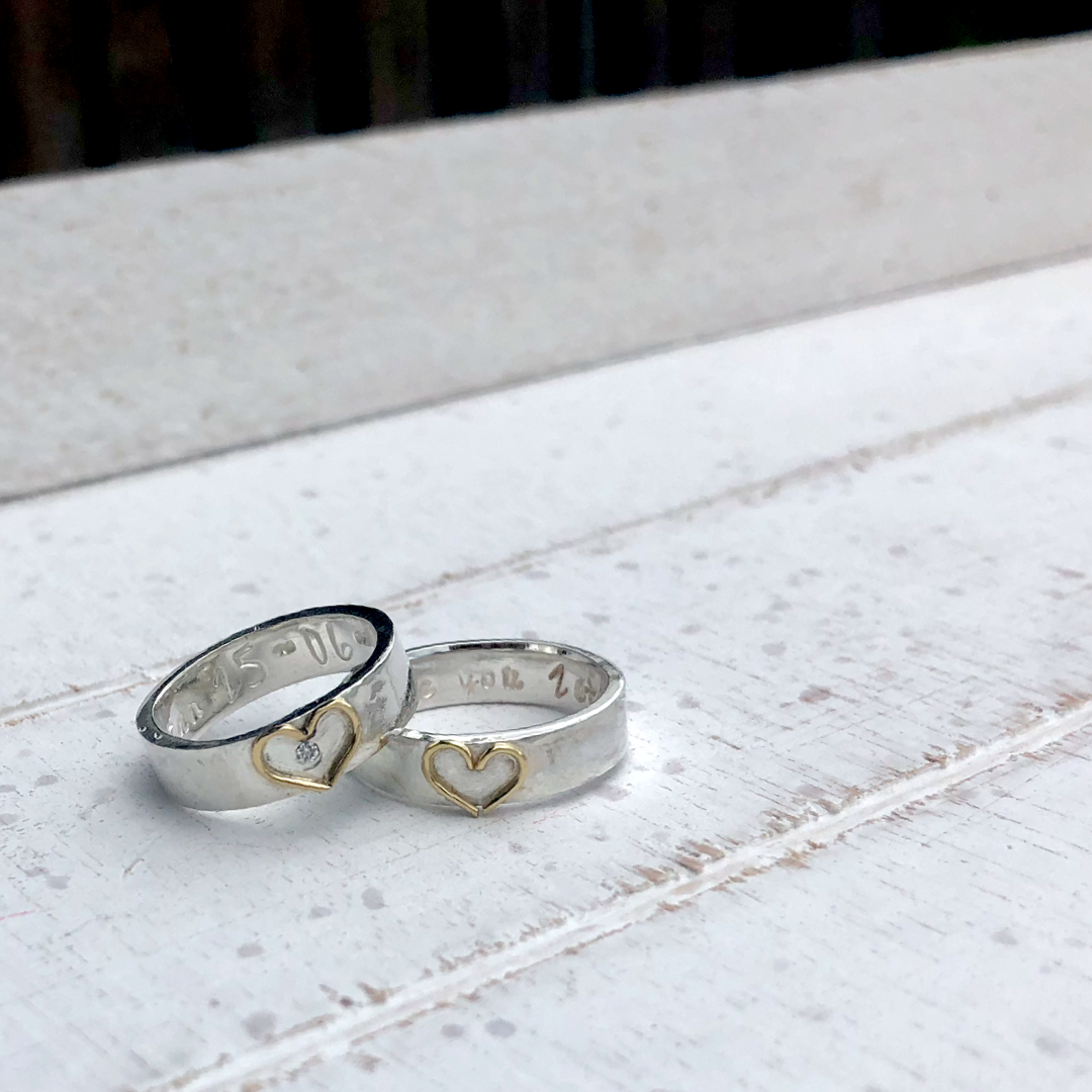 Silver band with 18ct gold open heart. Add a diamond for extra sparkle.