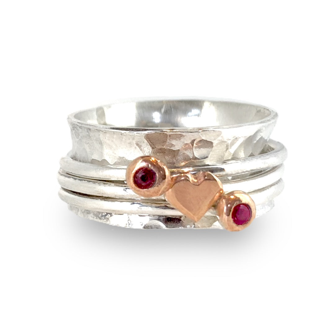Always In My heart - Solid silver ring set with gold heart and birthstones