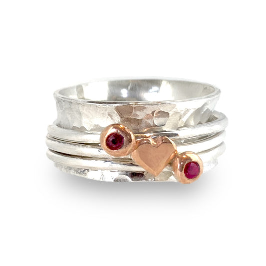 Always In My heart - Solid silver ring set with gold heart and birthstones