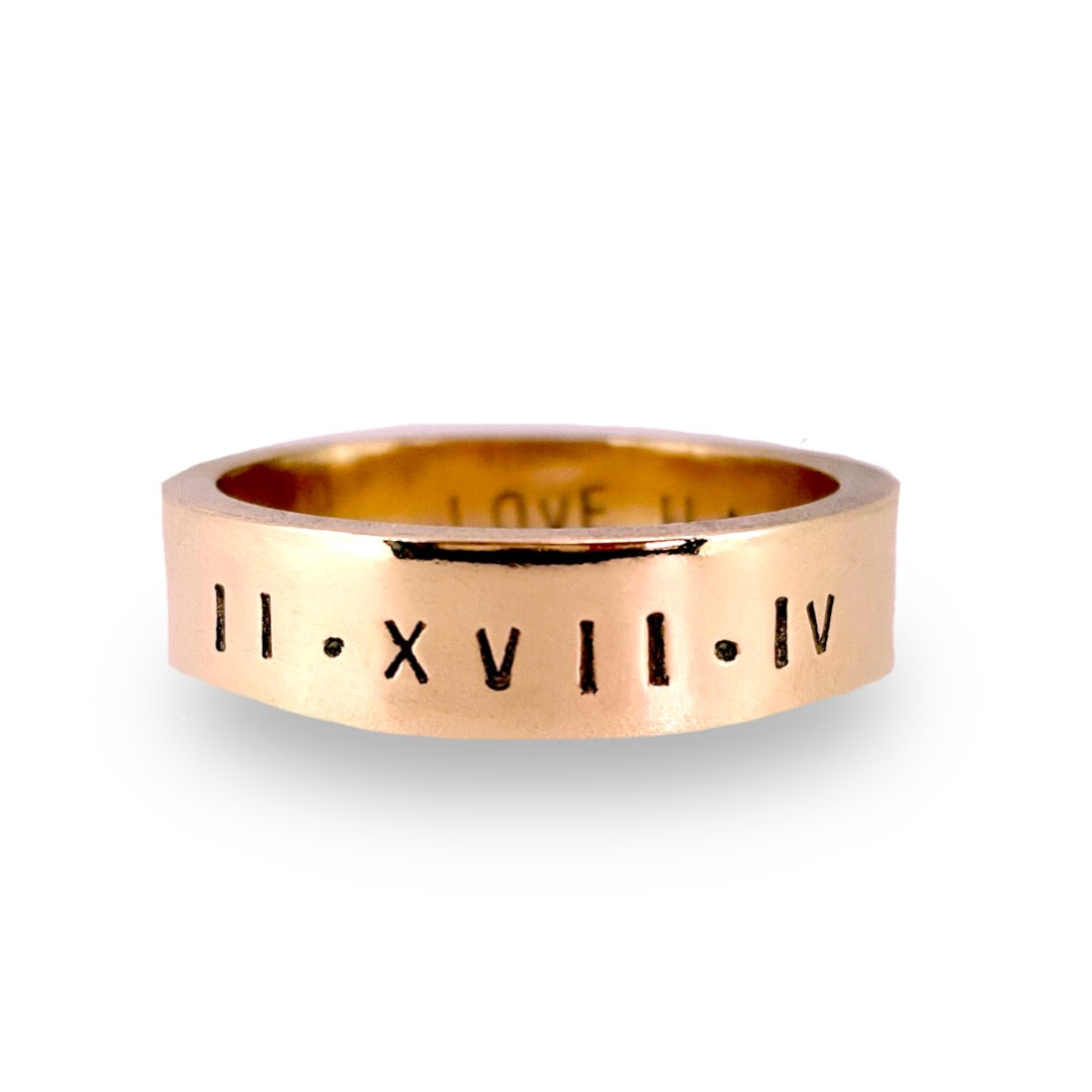 Personalised man's ring with Roman numerals. 9ct solid gold