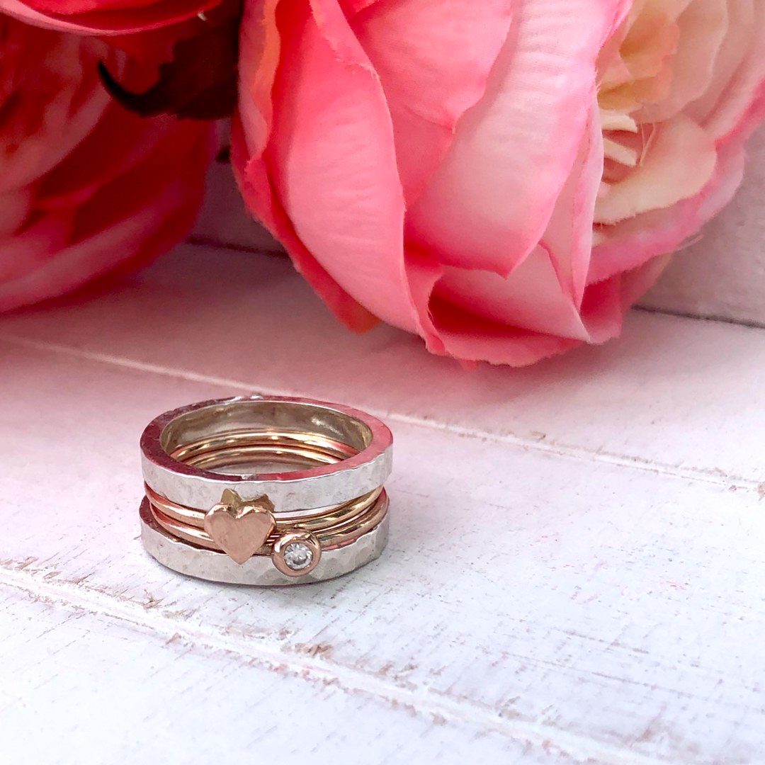 'Eternal Love' stacking set. Gold, silver and diamond rings
