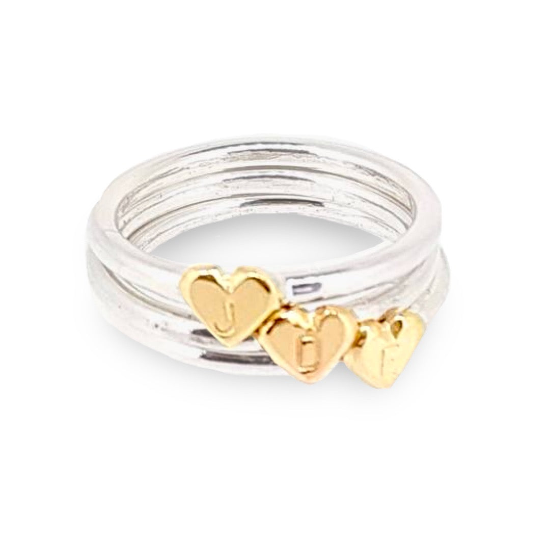 Dainty silver sweetheart stacking rings with gold hearts - set of 3