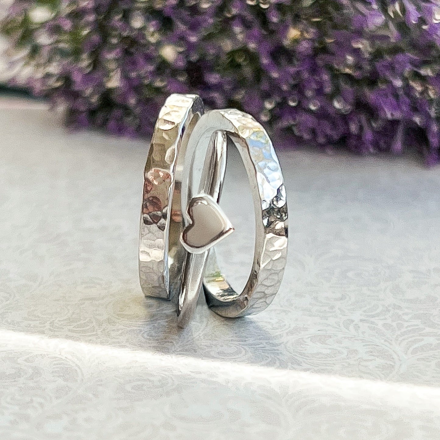 'One love' stacking set with silver rings and dainty solid gold heart