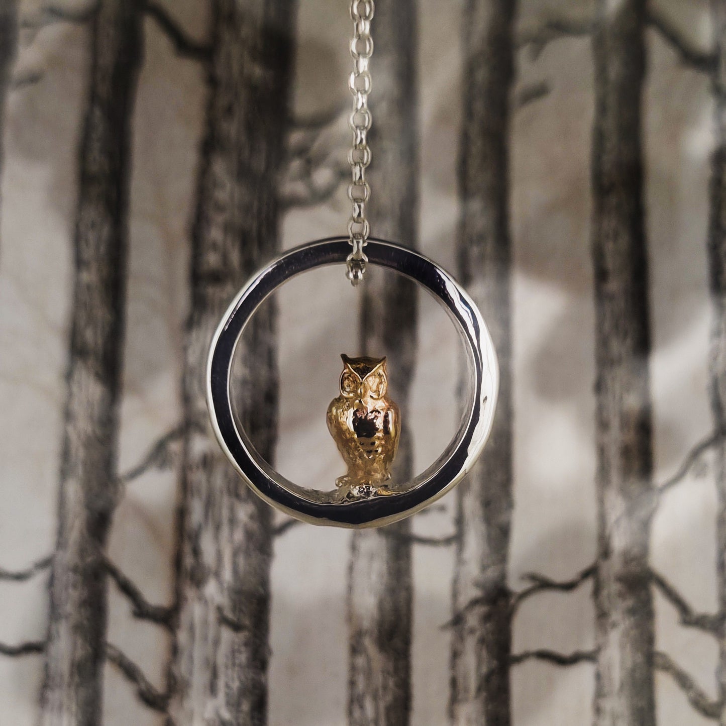 Teeny tiny gold owl peeping out of silver halo