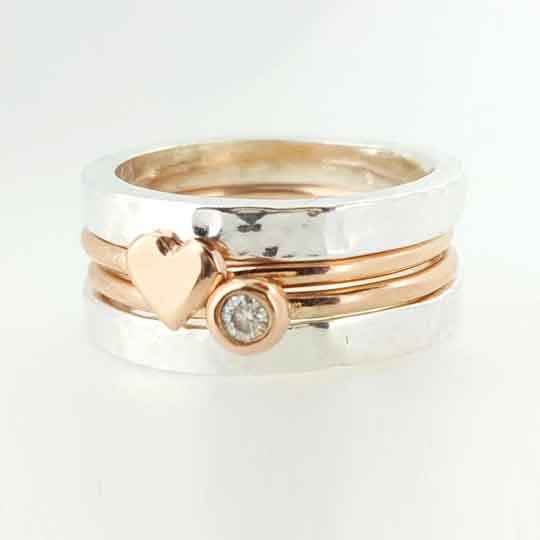 'Eternal Love' stacking set. Gold, silver and diamond rings