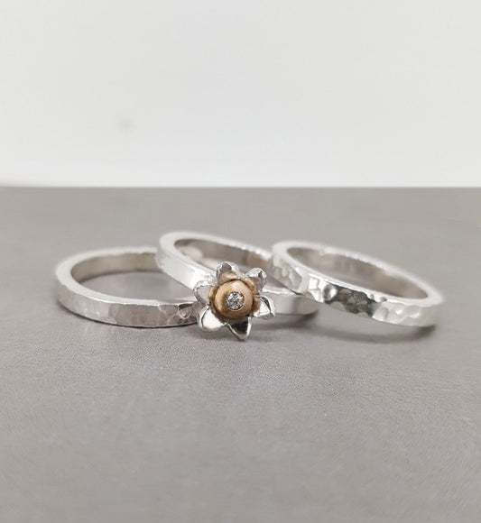 Flower stacking set handmade from solid silver with gold detail and diamond