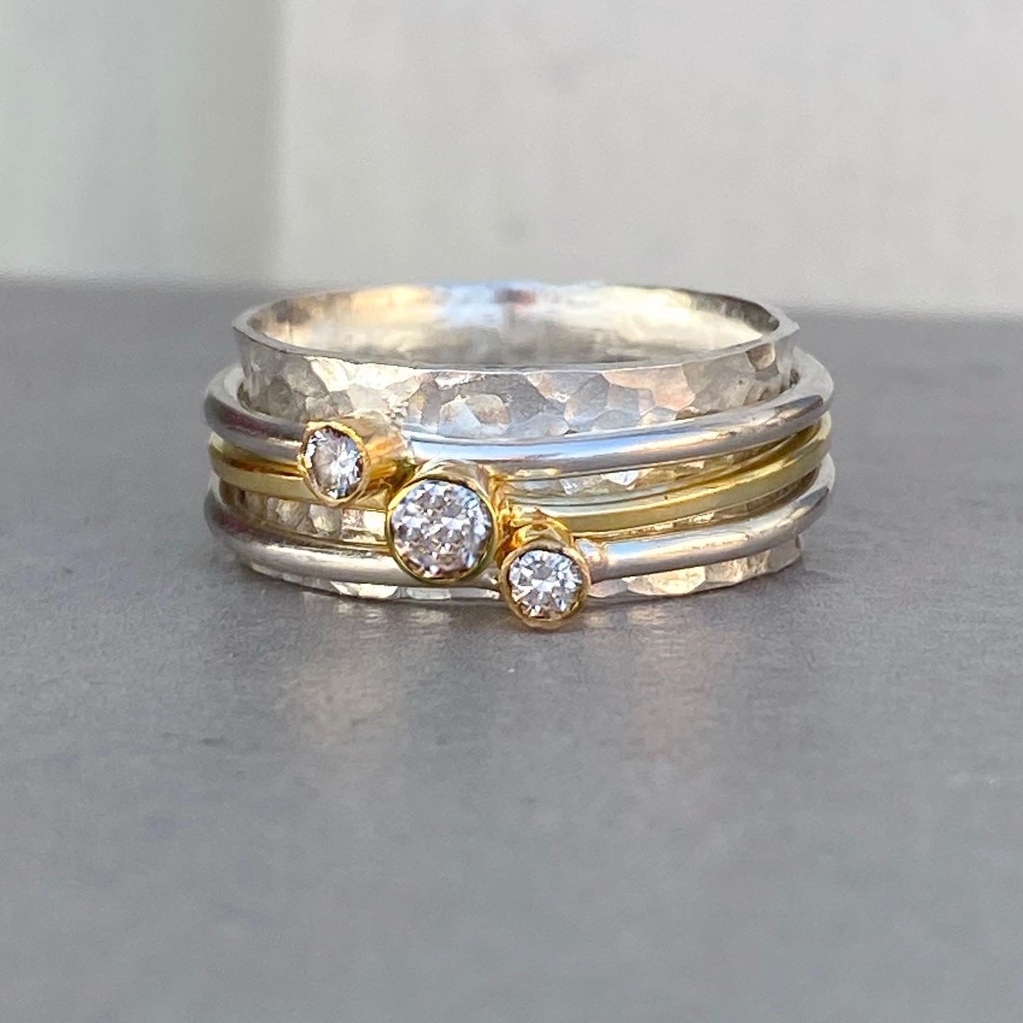 Maxi 'Cariad' spinning ring handmade with solid gold, silver and huge diamonds