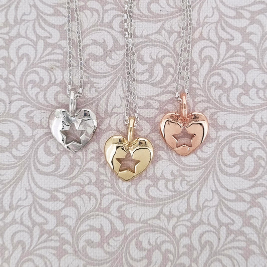 Star in my heart - Solid silver or gold heart necklace with cutout star