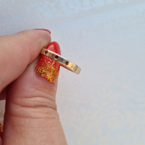 Item 230 - Solid yellow gold ring with 3 x pink tourmalines - (Size M)