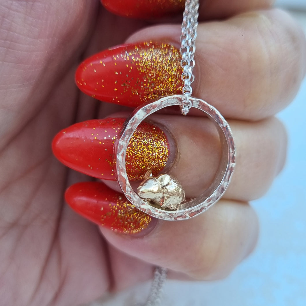 Item 246 -  Tiny gold mouse in silver halo necklace