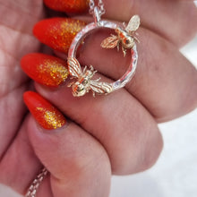 Load image into Gallery viewer, Item 259 - Silver halo with 2 solid gold baby bees - necklace