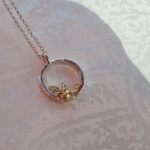 Item 260 - Silver halo with tiny solid gold bee - necklace