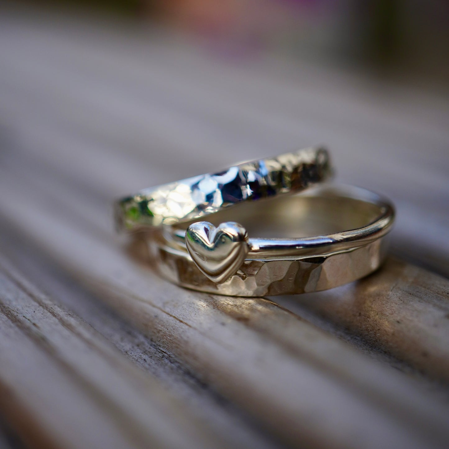 'One love' stacking set with silver rings and dainty solid gold heart