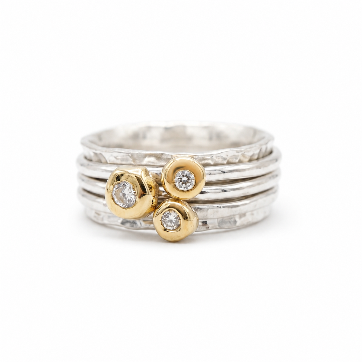 'Cariad' spinning ring handmade with solid gold, silver and diamonds
