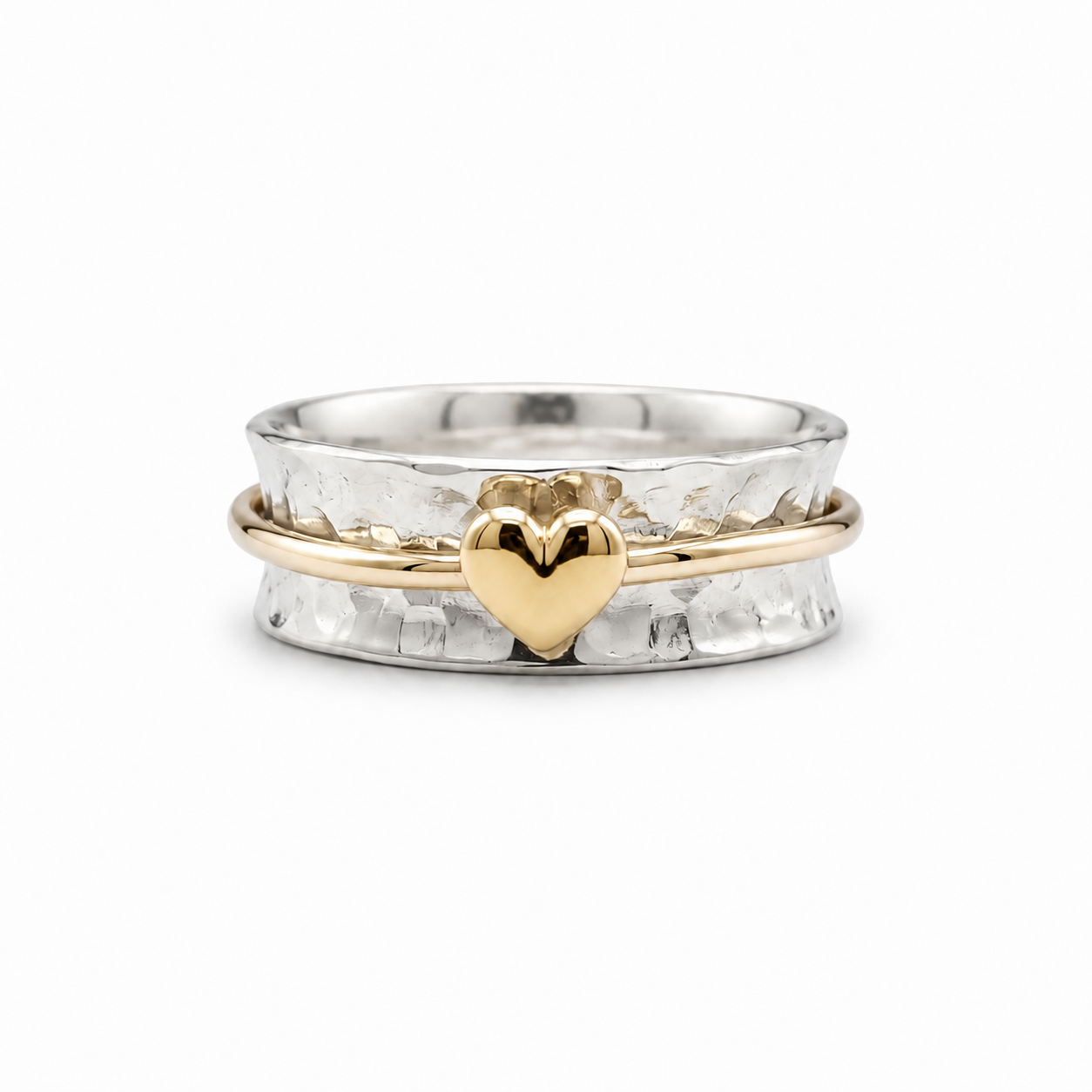 'One Love'. Sterling silver ring with solid gold heart and spinning ring.
