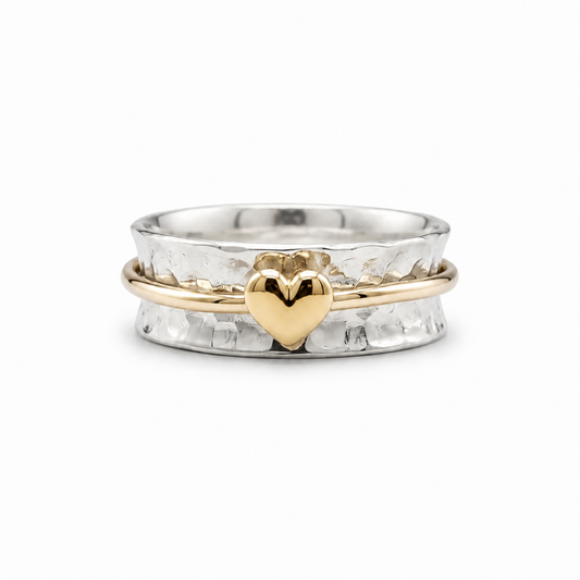 'One Love'. Sterling silver ring with solid gold heart and spinning ring.