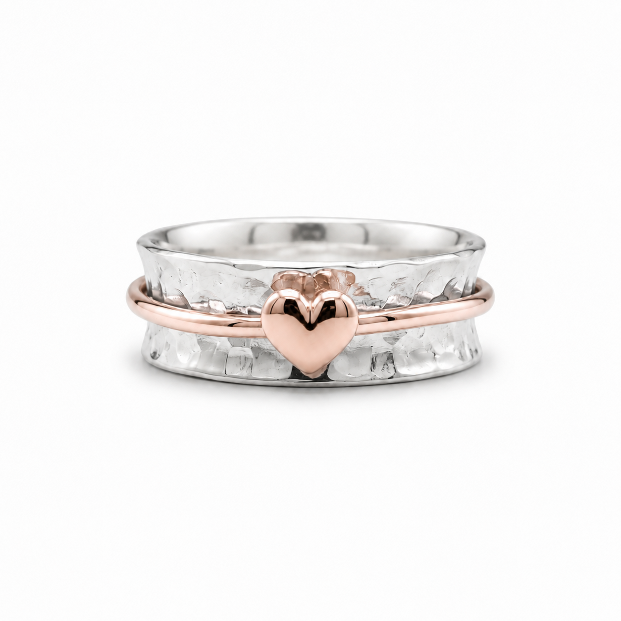 'One Love'. Sterling silver ring with solid gold heart and spinning ring.