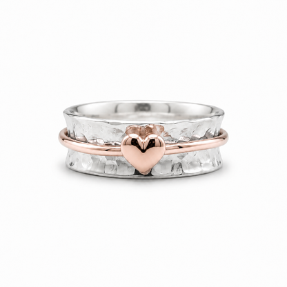 'One Love'. Sterling silver ring with solid gold heart and spinning ring.