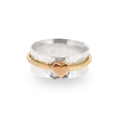 'One Love'. Sterling silver ring with solid gold heart and spinning ring.