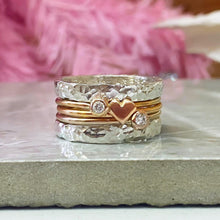 Load image into Gallery viewer, &#39;Eternal Love&#39; stacking set with extra diamond. Gold, silver and two diamond rings