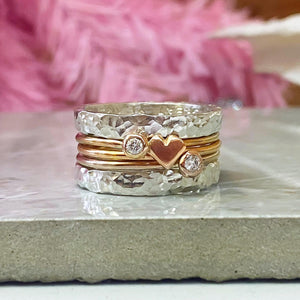 'Eternal Love' stacking set with extra diamond. Gold, silver and two diamond rings