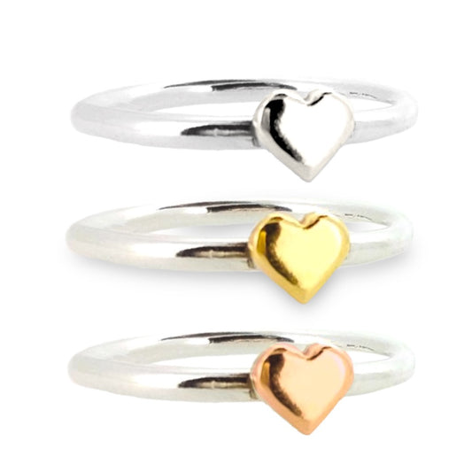 Dainty silver sweetheart stacking rings with gold hearts - set of 3