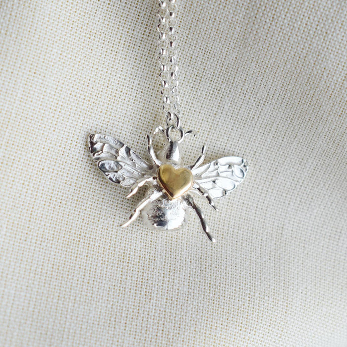 Bee Mine - Solid silver bumblebee necklace with secret gold heart