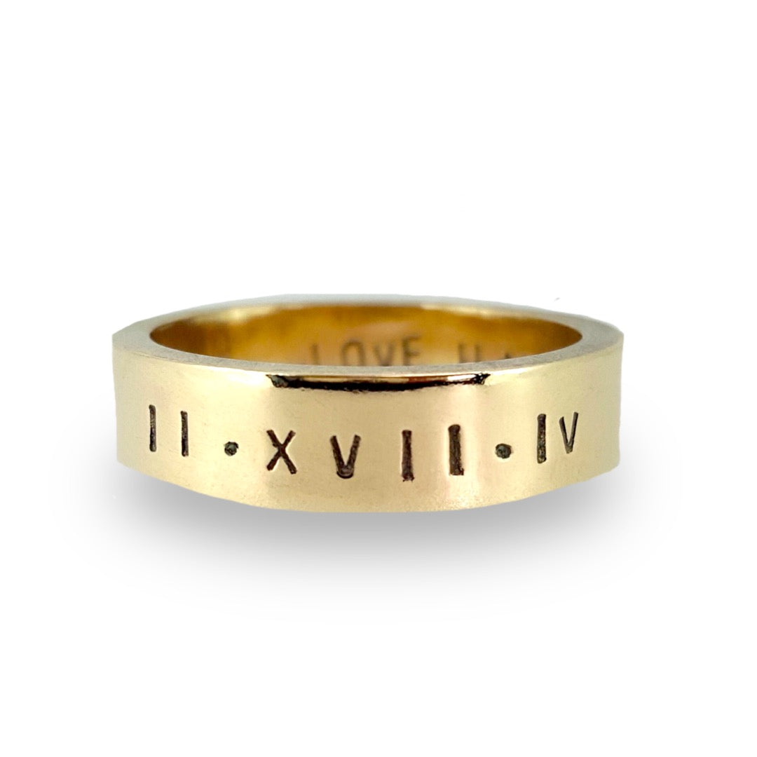 Personalised man's ring with Roman numerals. 9ct solid gold