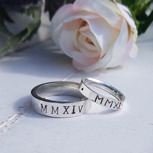 Personalised Roman numerals wedding rings. 9ct solid gold