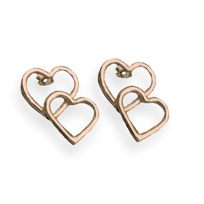 Solid silver double heart stud earrings.