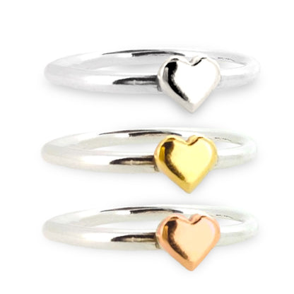 Dainty silver sweetheart ring with solid gold heart