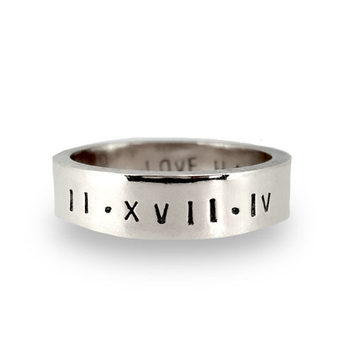 Personalised man's ring with Roman numerals. Sterling silver